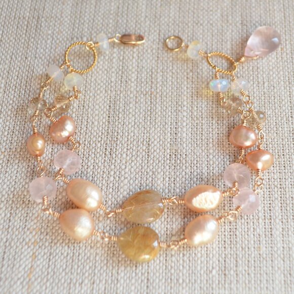 Gold Double Strand Bracelet with Golden Rutilated Quartz Made in Canada - Picture 1 of 9